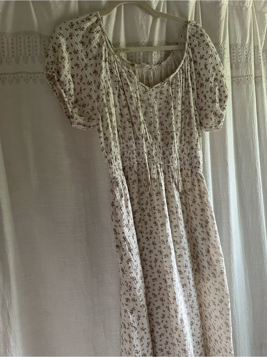 Cream Floral Midi Dress With Puff Sleeves